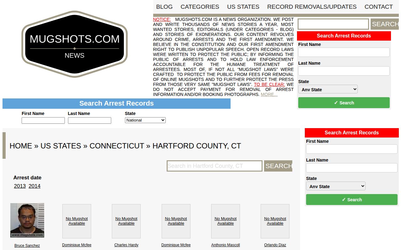 Stale unofficial Mugshots.com Hartford County archive for New Britain crime news context