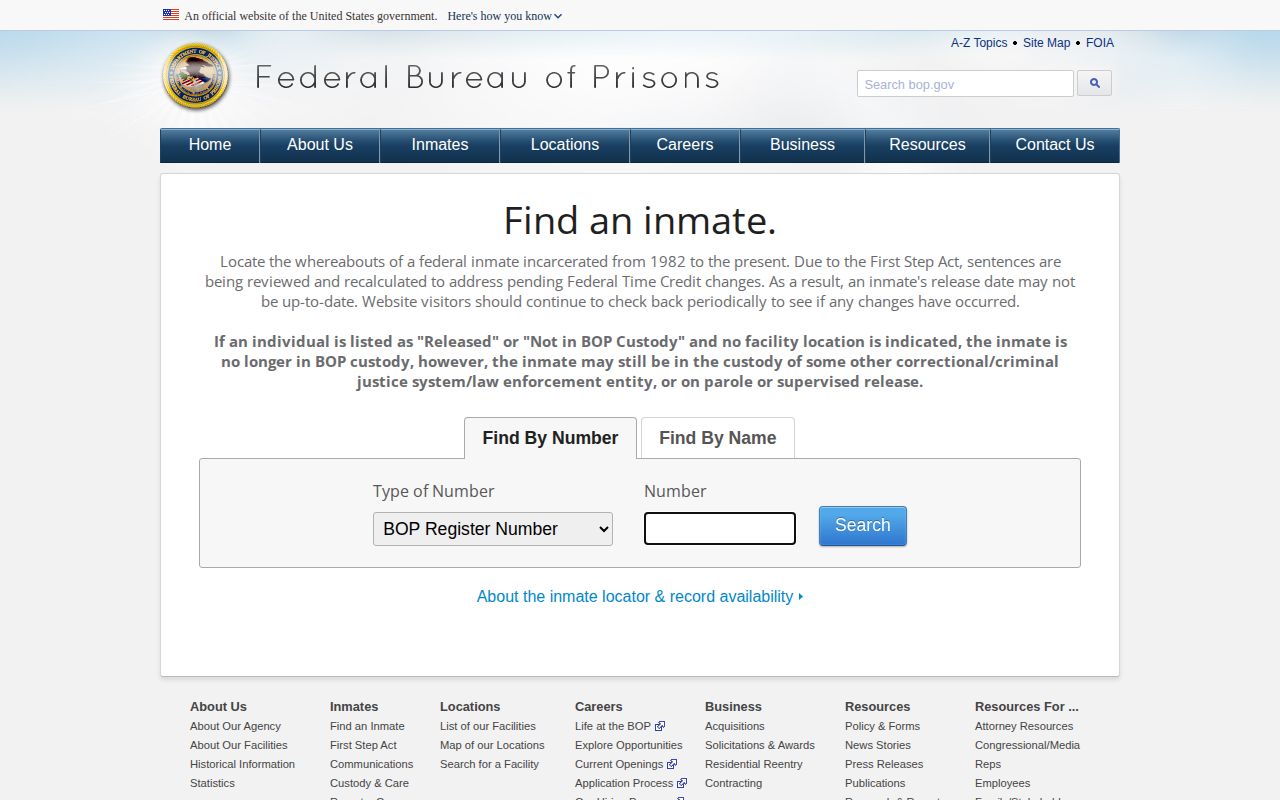 Federal BOP locator for a New Britain federal custody record