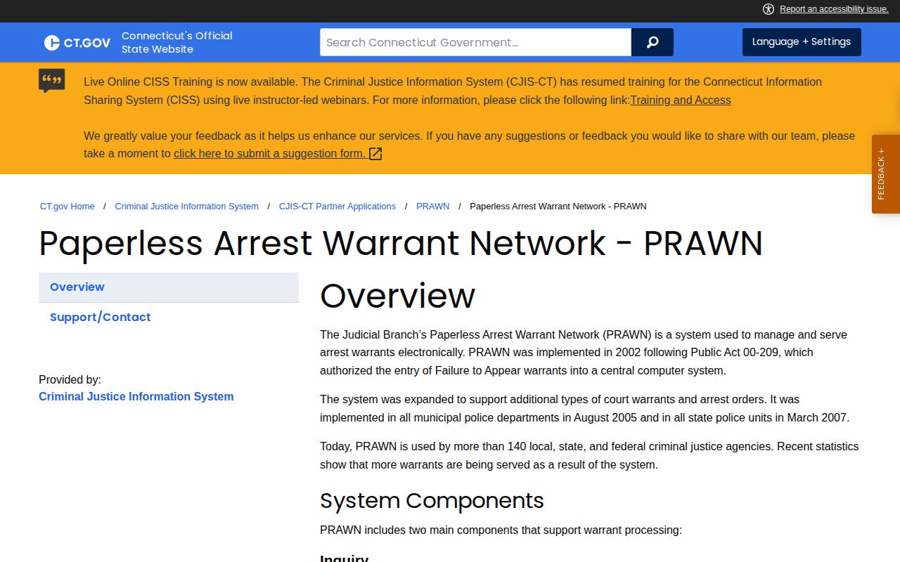 Connecticut PRAWN policy explaining restricted New Britain warrant-system access
