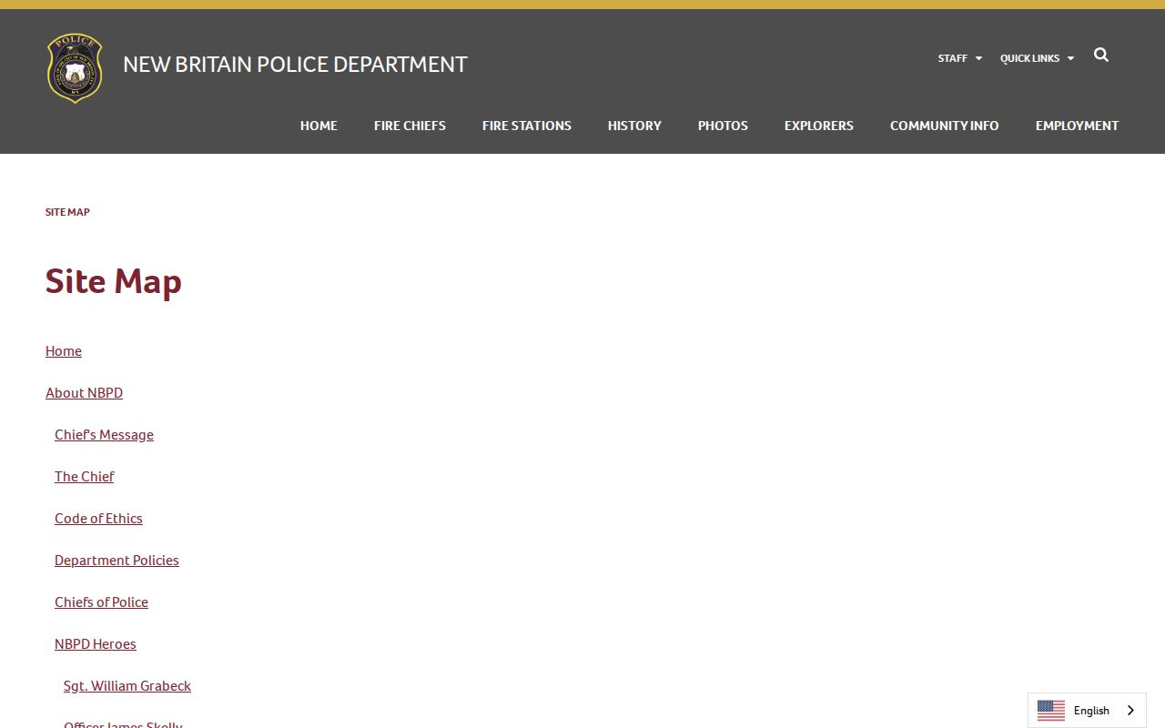 New Britain Police site map showing no local most wanted fugitive gallery