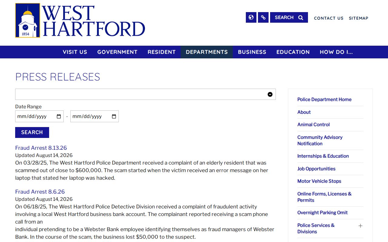West Hartford Police selective busted arrest press releases
